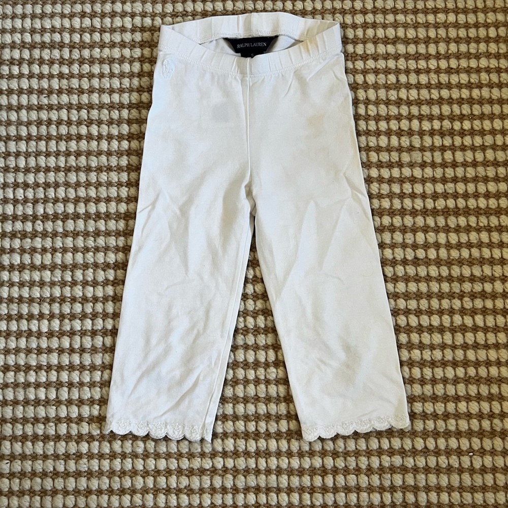 Ralph Lauren Girls White Leggings – Size 5, Scalloped Floral Hem